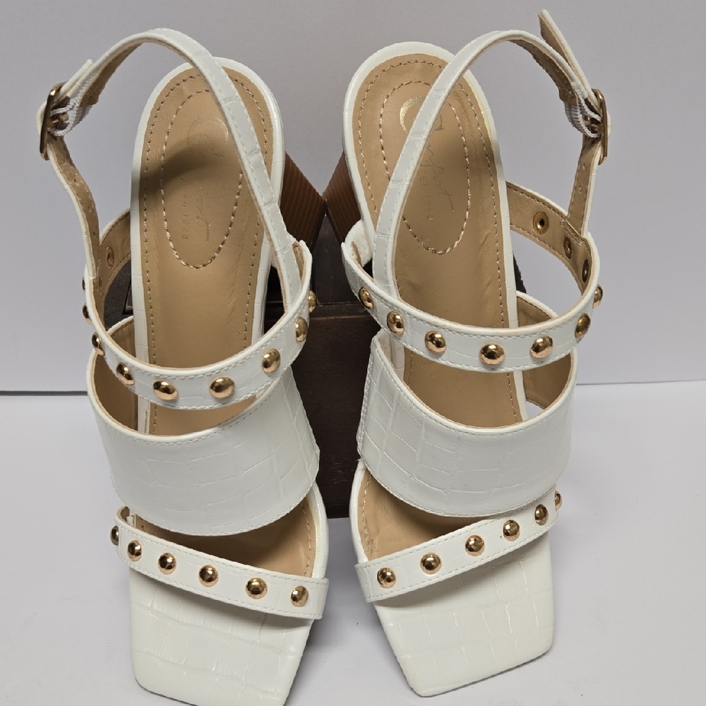 White Strappy Sandals with Gold Accents